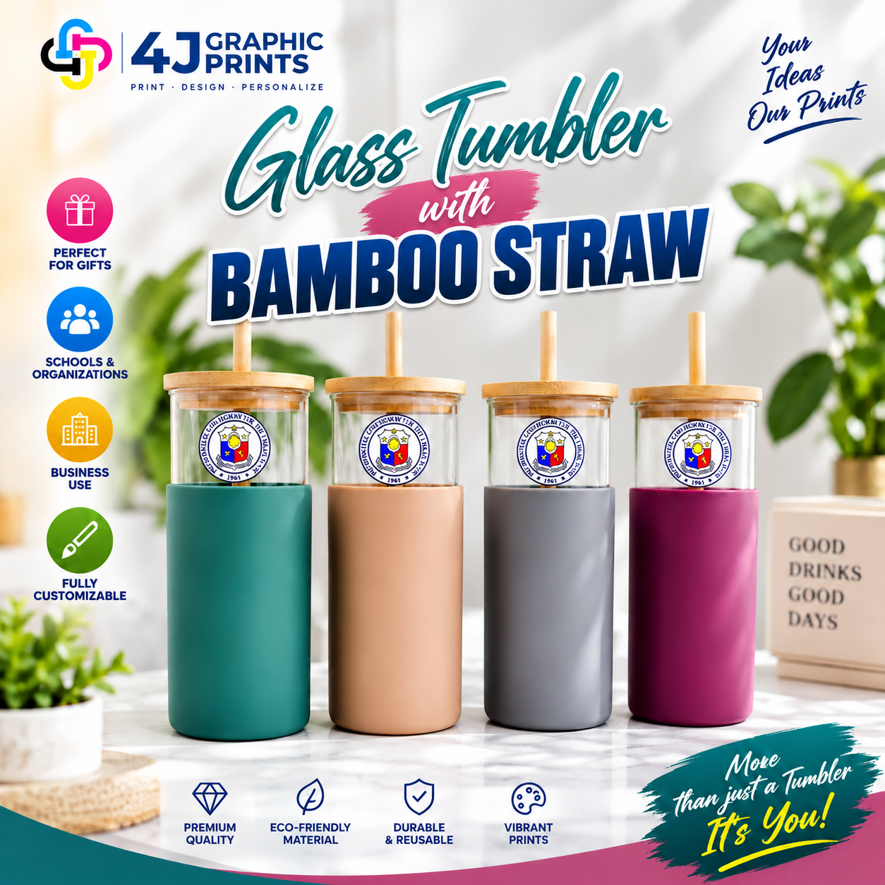 Glass Tumbler with Bamboo Straw