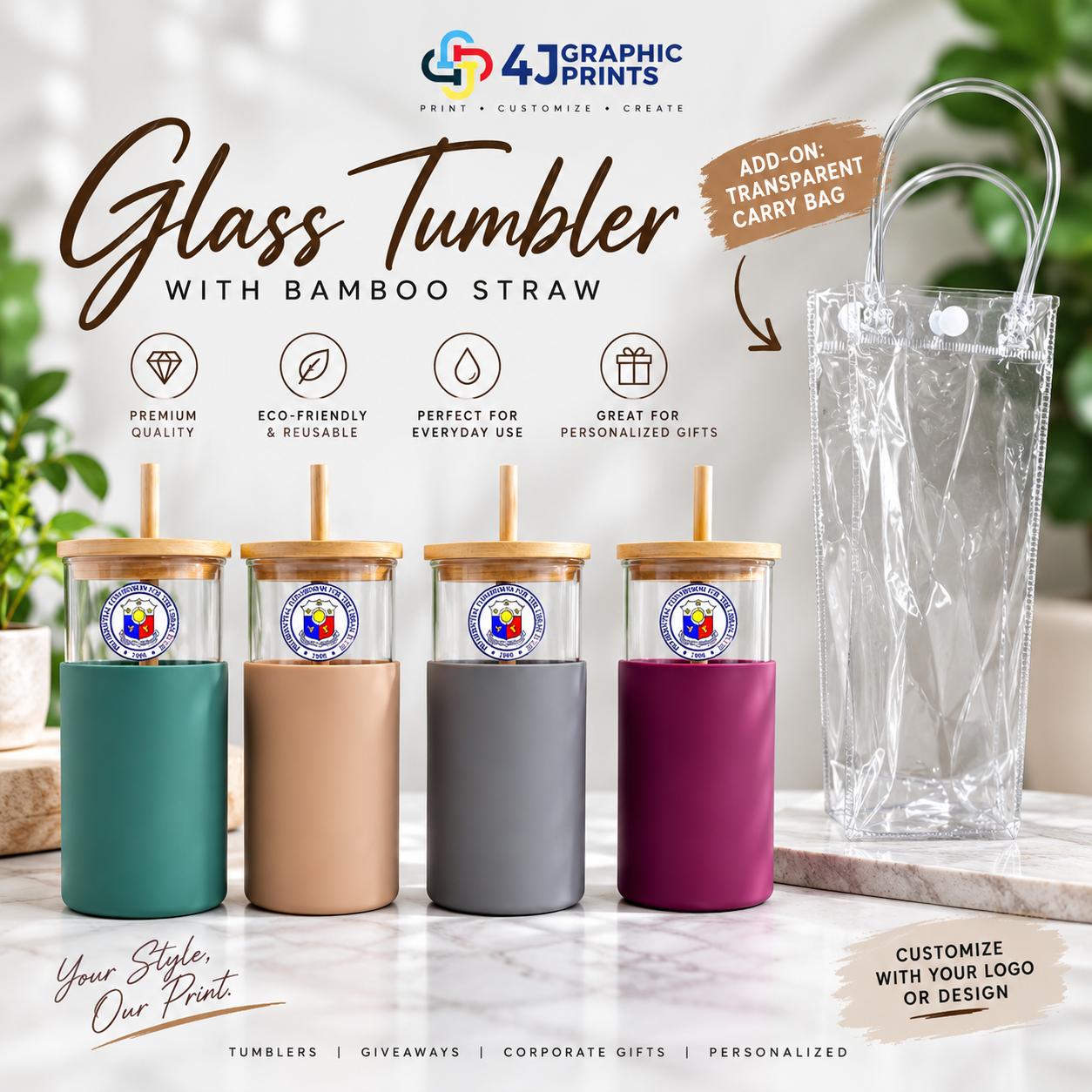 Glass Tumbler with Bamboo Straw